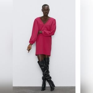 Zara Long Sleeve V-Neck Mini Dress Burgundy Size XL